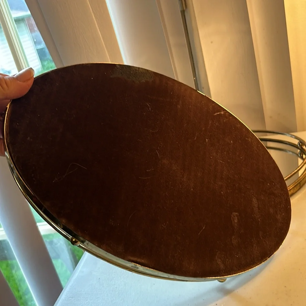 Set of 2 Brass & Mirror Oval Vanity Dresser Mirrored VTG Trays For Bath/Bedromm
